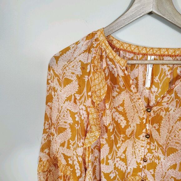 Anthropologie Mia Floral Tiered Tunic Semi-Sheer Boho Top S Cottagecore Peasant - Picture 4 of 12